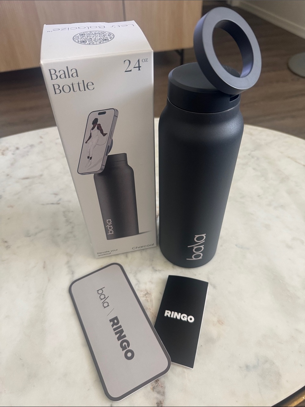 Bala Bottle 24oz Charcoal Insulated Water Bottle with Integrated Phone Ring
